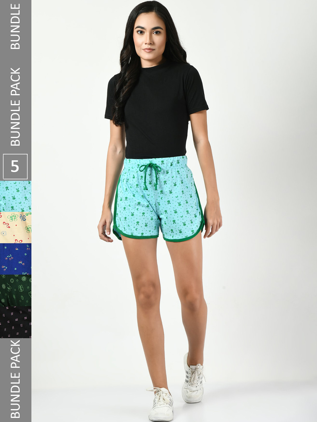 

BAESD Women Pack Of 5 Printed High-Rise Pure Cotton Hot Pants, Blue