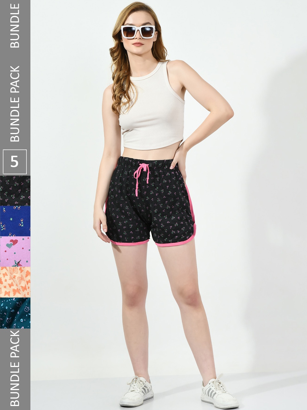 

BAESD Pack Of 5 Women Printed High-Rise Pure Cotton Shorts, Black