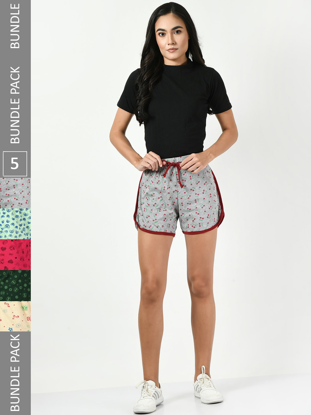 

BAESD Pack Of 5 Women Printed High-Rise Pure Cotton Shorts, Grey