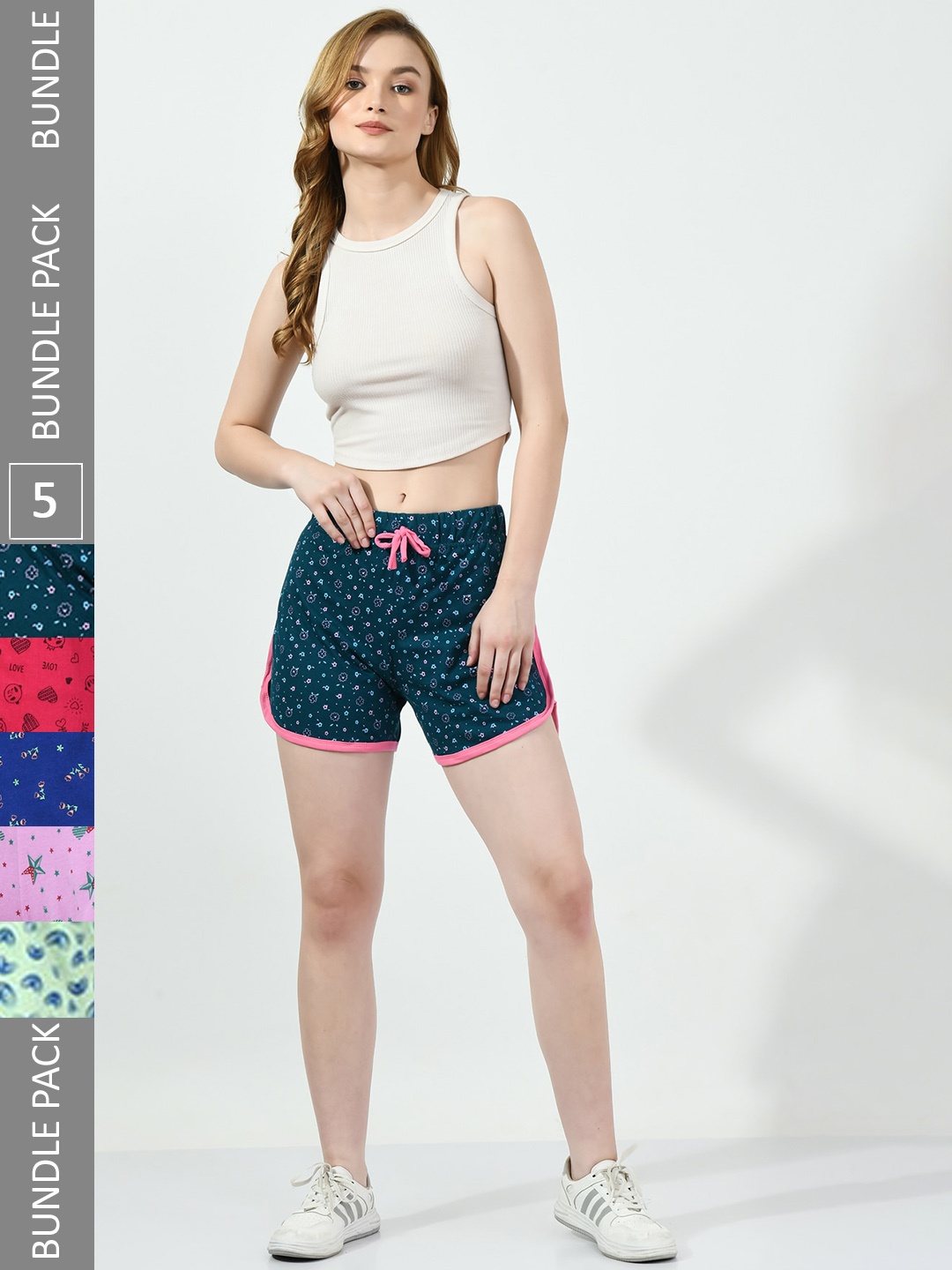 

BAESD Pack Of 5 Women Printed High-Rise Pure Cotton Shorts, Teal