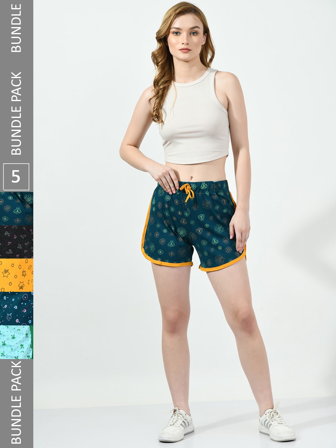 

BAESD Pack Of 5 Women Printed High-Rise Pure Cotton Shorts, Teal