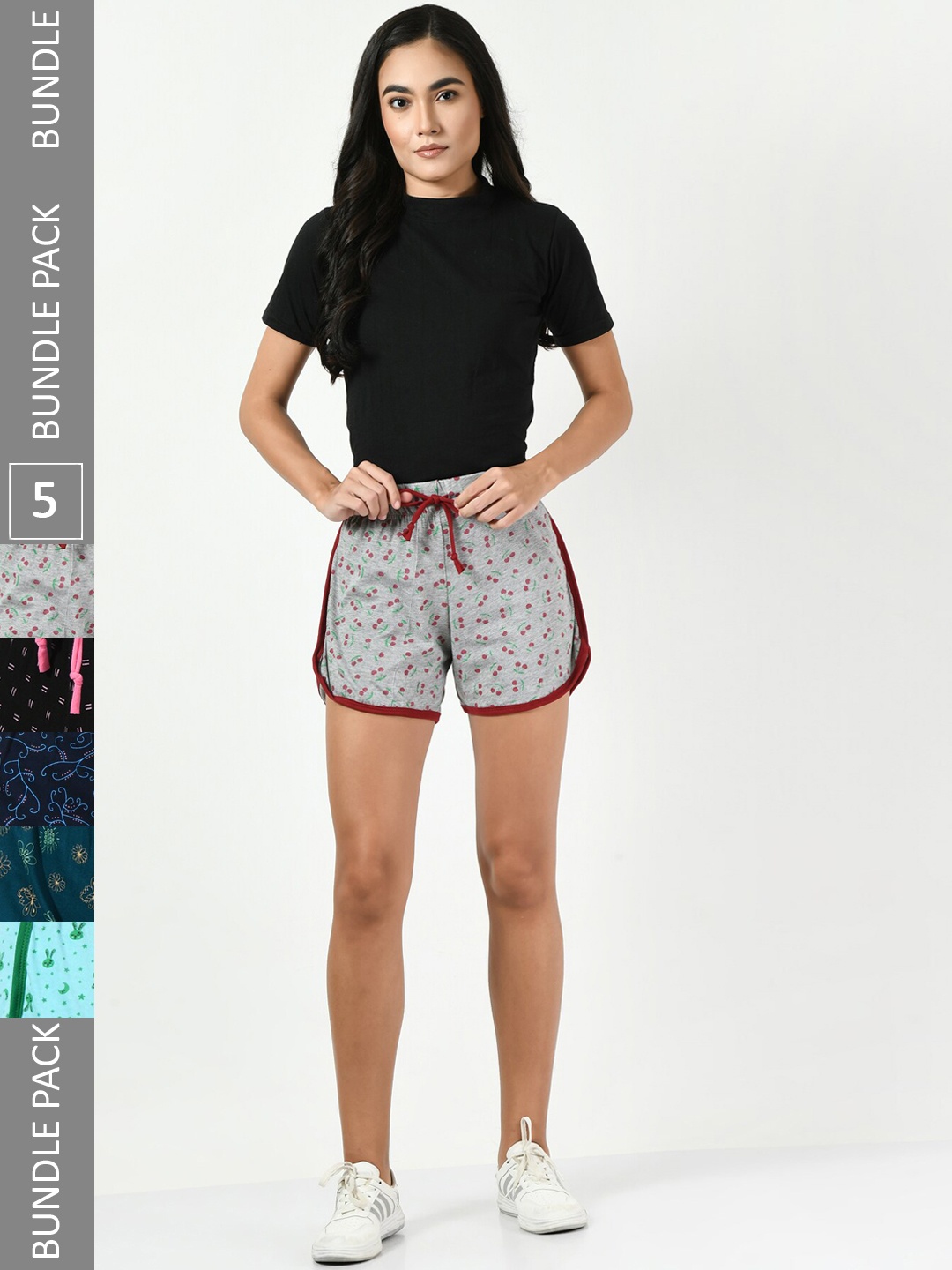 

BAESD Pack Of 5 Women Printed High-Rise Pure Cotton Shorts, Grey