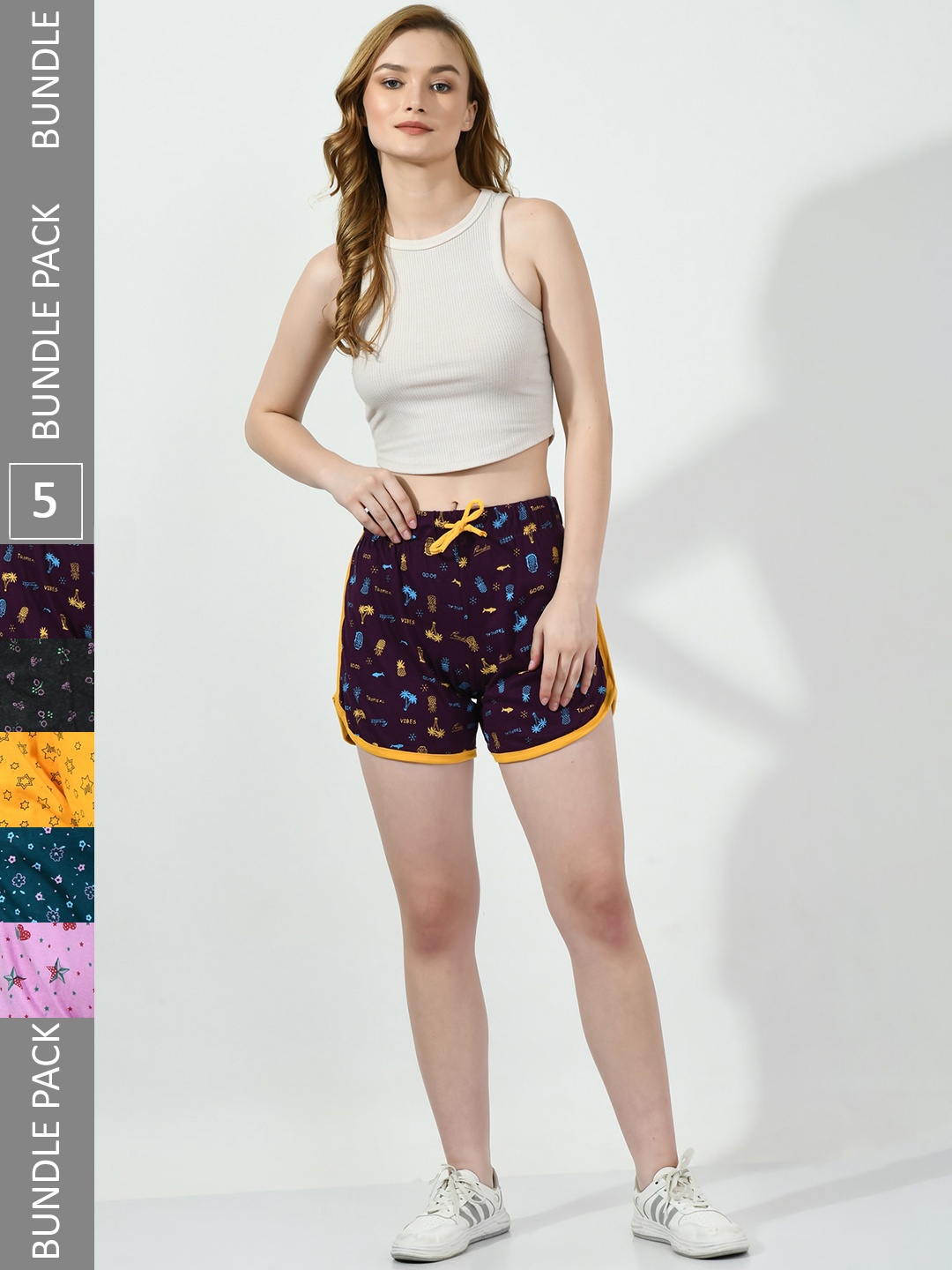 

BAESD Pack Of 5 Women Printed High-Rise Pure Cotton Shorts, Violet