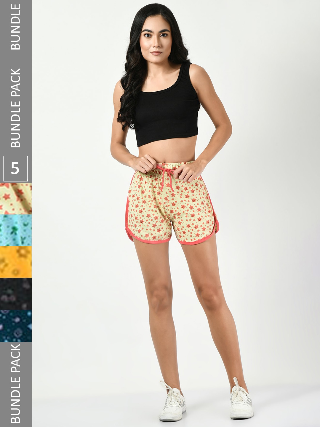 

BAESD Pack Of 5 Women Printed High-Rise Pure Cotton Shorts, Yellow
