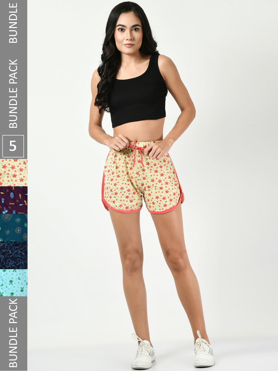 

BAESD Pack Of 5 Women Printed High-Rise Pure Cotton Shorts, Yellow