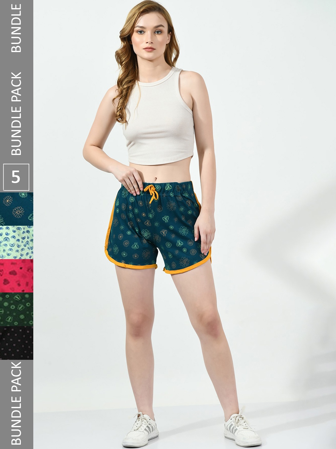

BAESD Pack Of 5 Women Printed High-Rise Pure Cotton Shorts, Teal