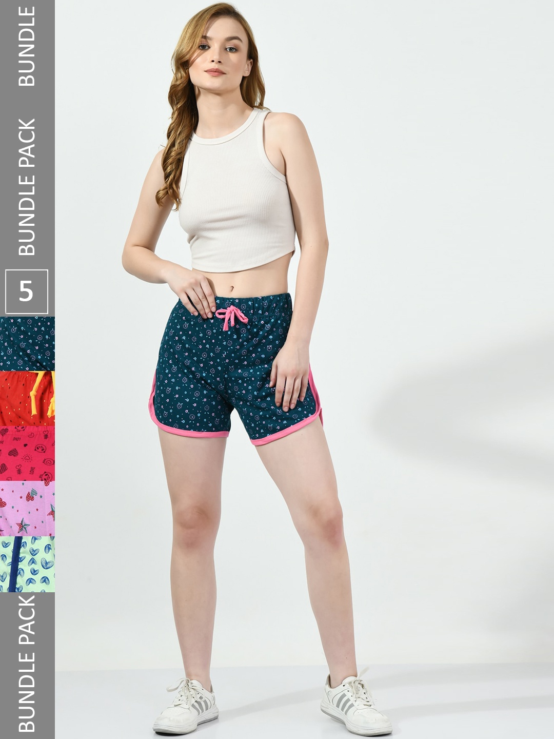 

BAESD Women Pack Of 5 Conversational Printed High-Rise Pure Cotton Shorts, Teal