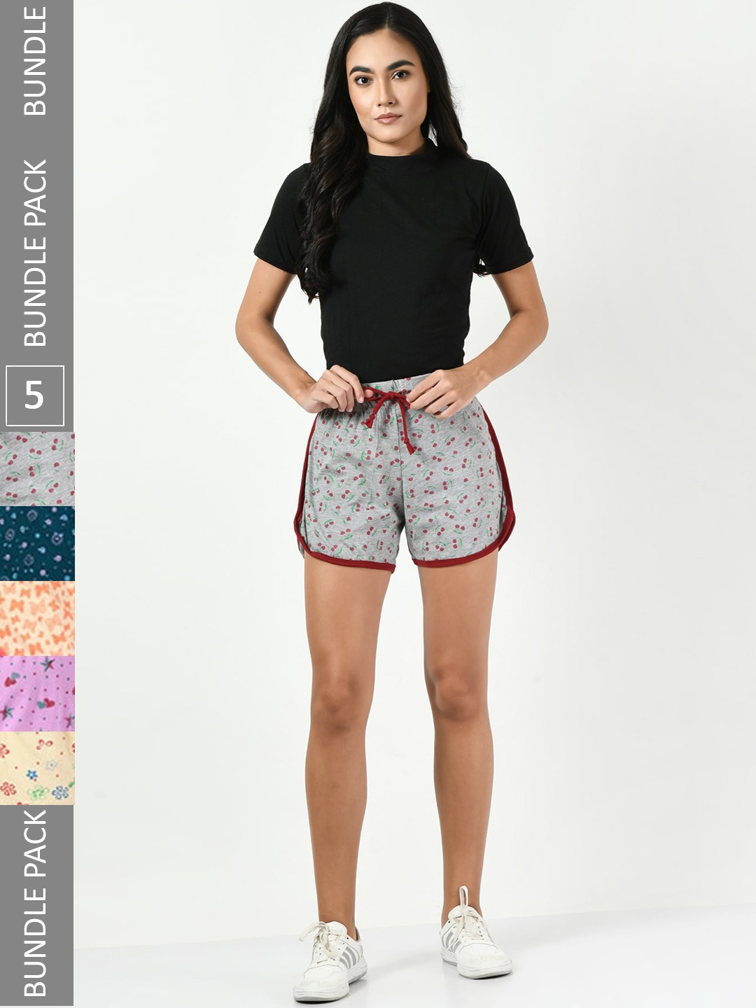 

BAESD Women Pack Of 5 Conversational Printed High-Rise Pure Cotton Shorts, Grey