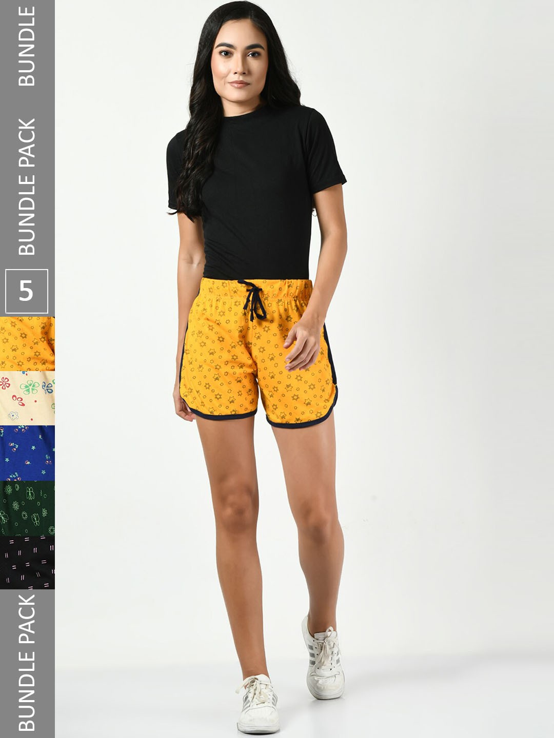 

BAESD Women Pack Of 5 Conversational Printed High-Rise Pure Cotton Shorts, Yellow