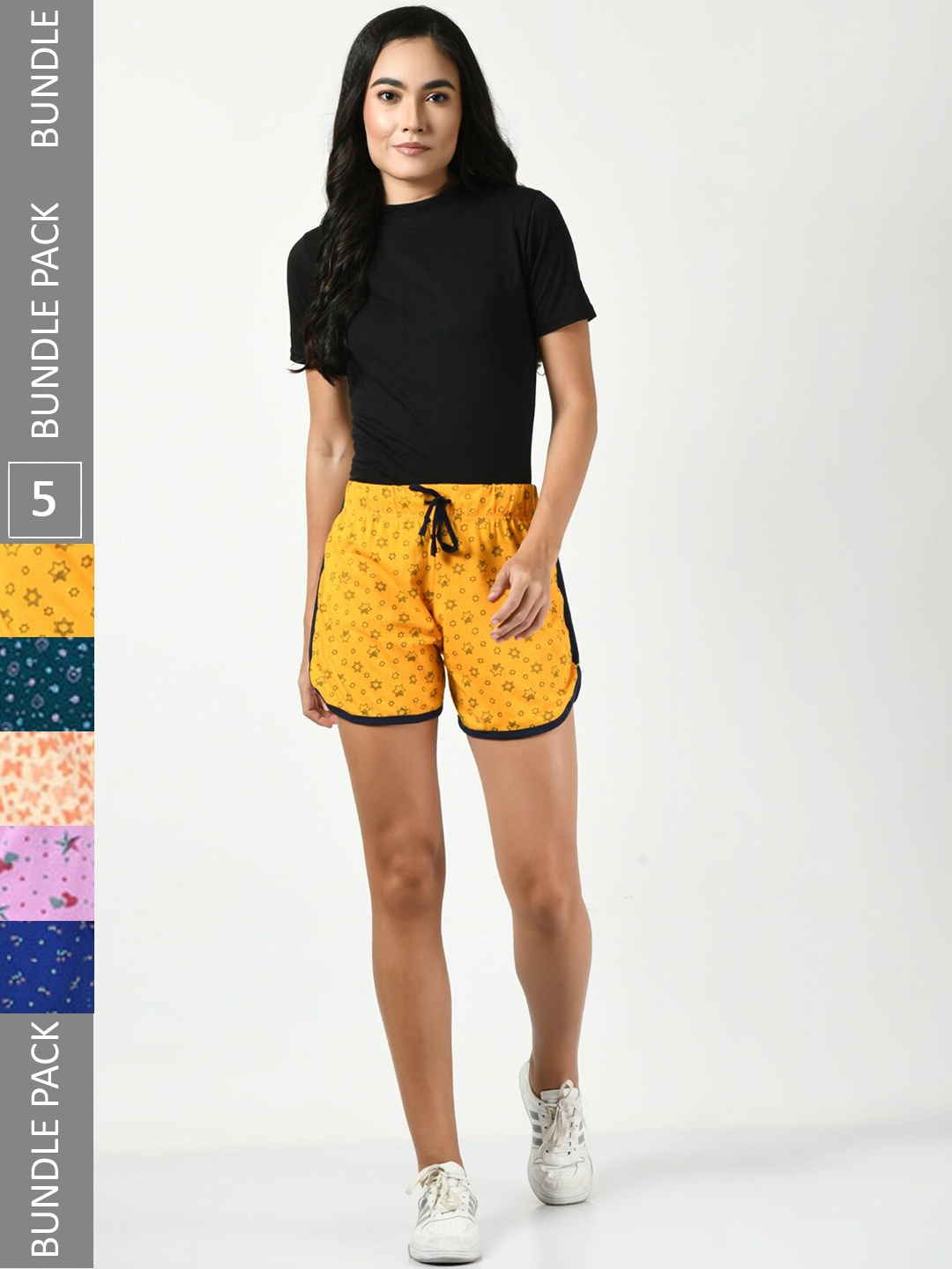 

BAESD Women Pack Of 5 Printed Pure Cotton Hotpants Shorts, Yellow