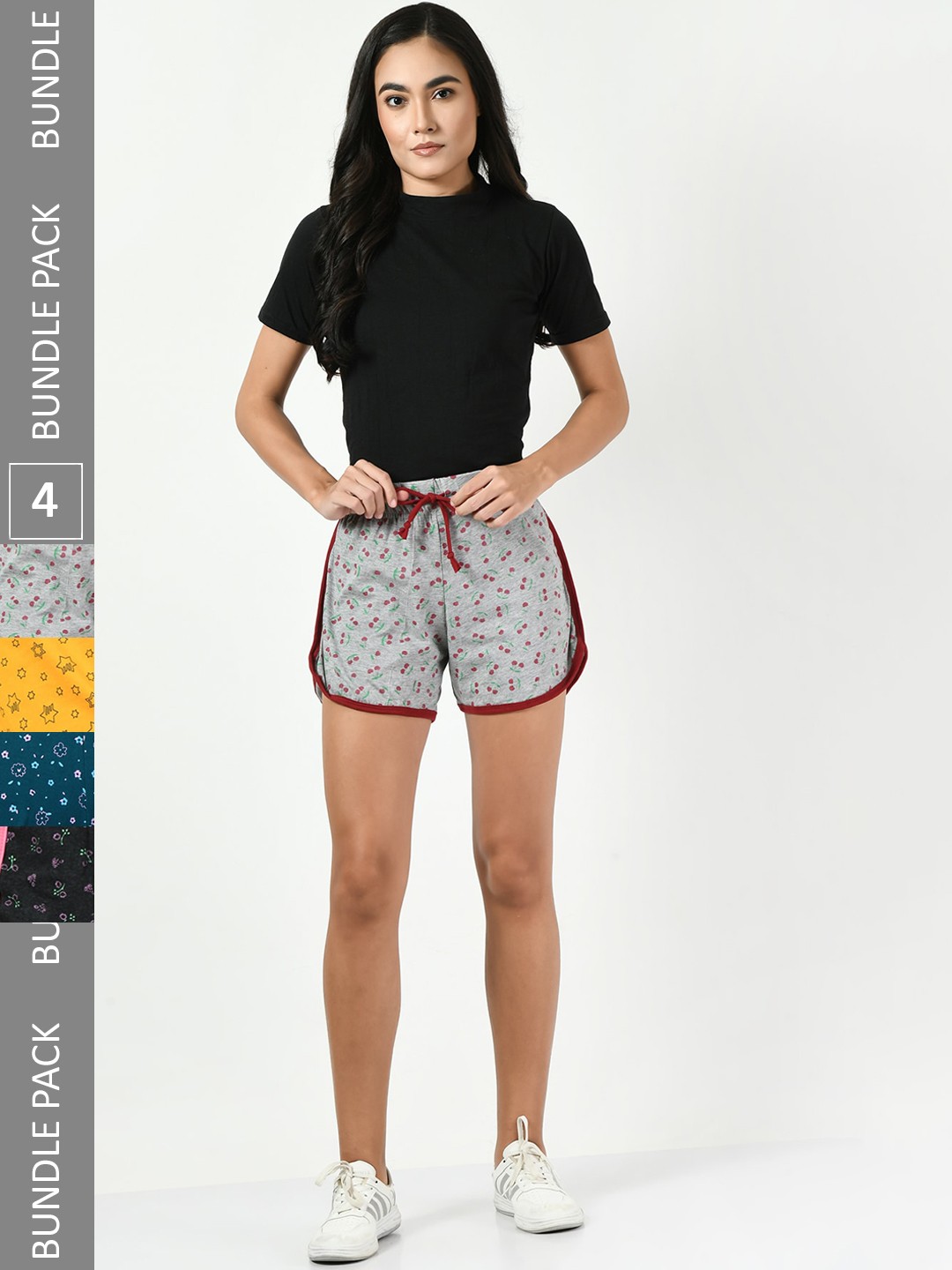 

BAESD Women Pack Of 4 Printed Pure Cotton Hotpants Shorts, Grey