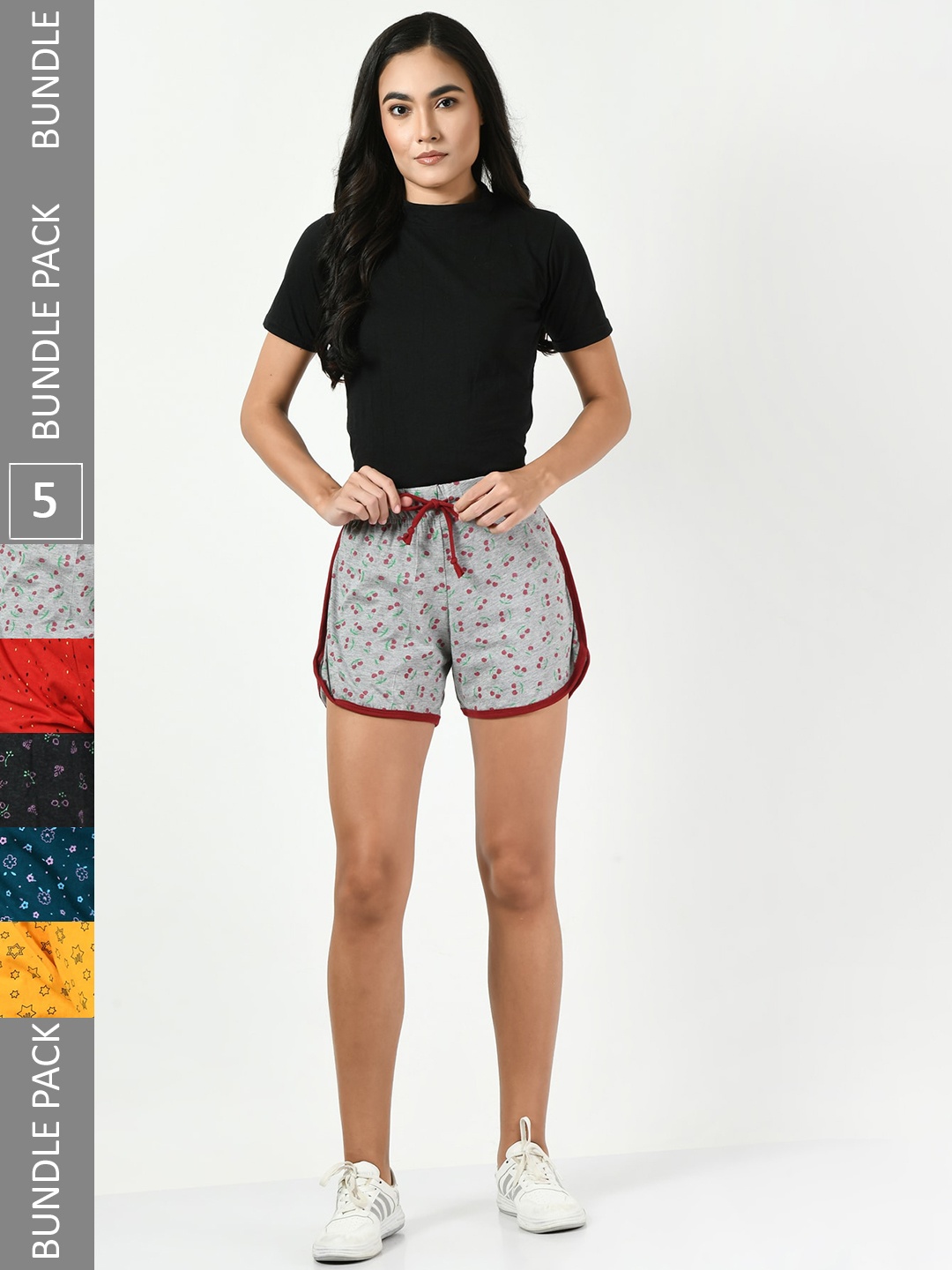 

BAESD Women Pack Of 5 Printed Pure Cotton Hotpants Shorts, Grey