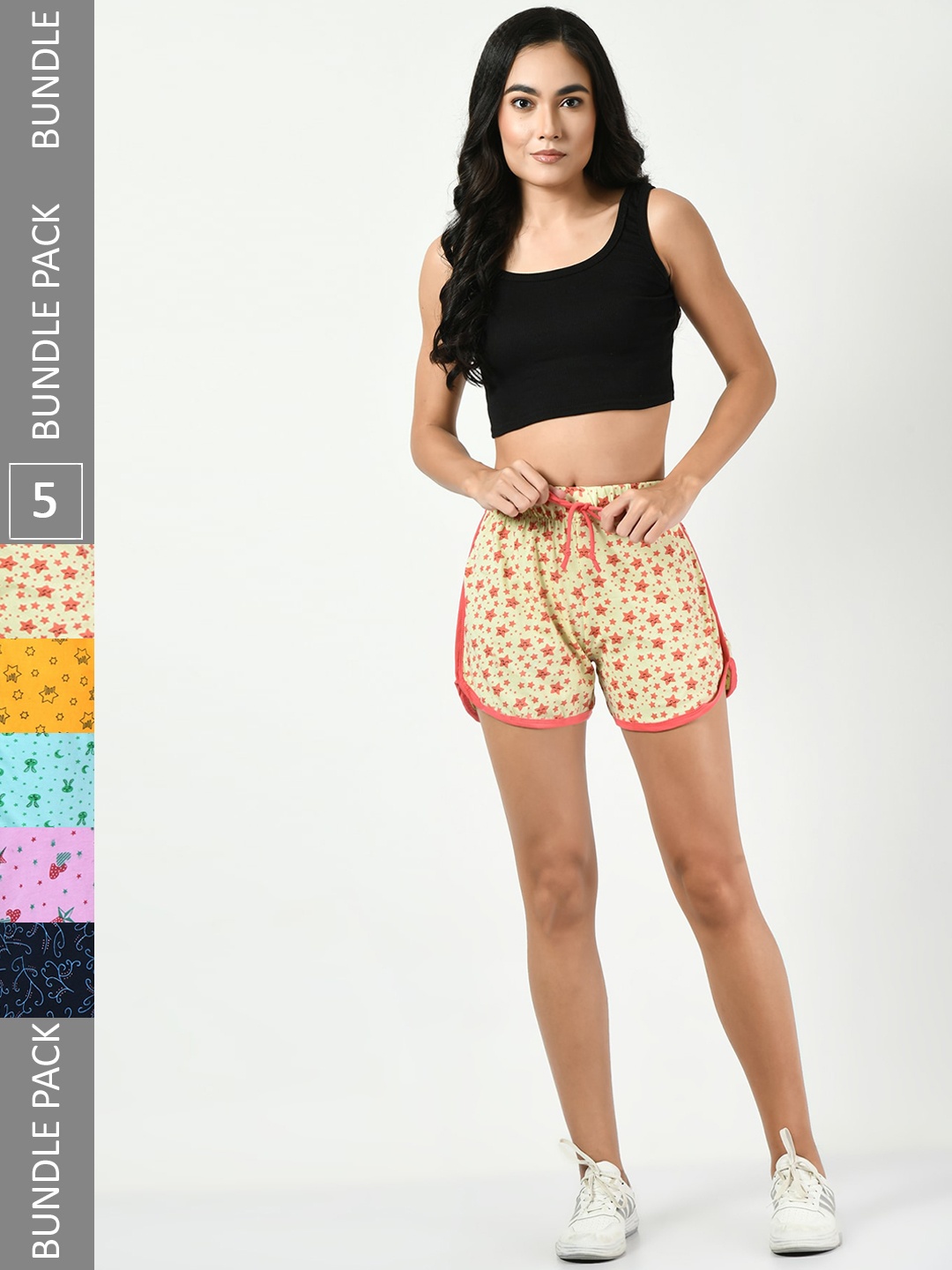 

BAESD Women Pack Of 5 Printed Pure Cotton Hotpants Shorts, Beige