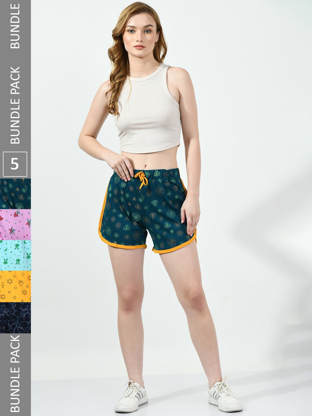 

BAESD Women Pack Of 5 Printed Pure Cotton Hotpants Shorts, Green