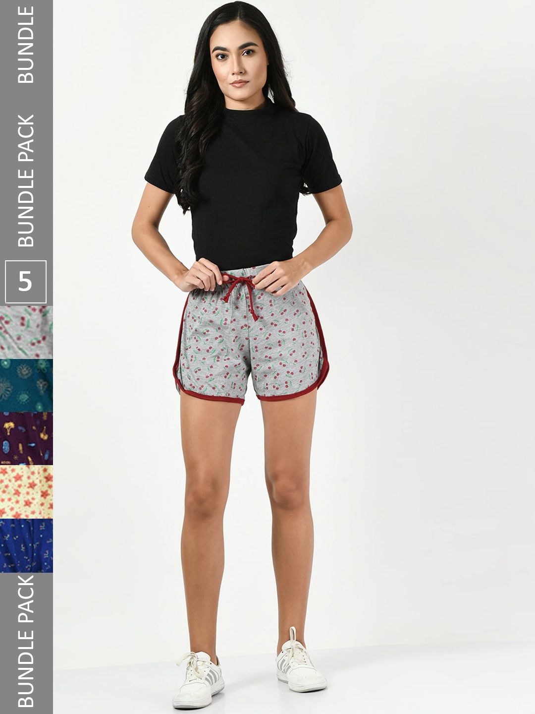 

BAESD Women Pack Of 5 Printed Pure Cotton Hotpants Shorts, Grey
