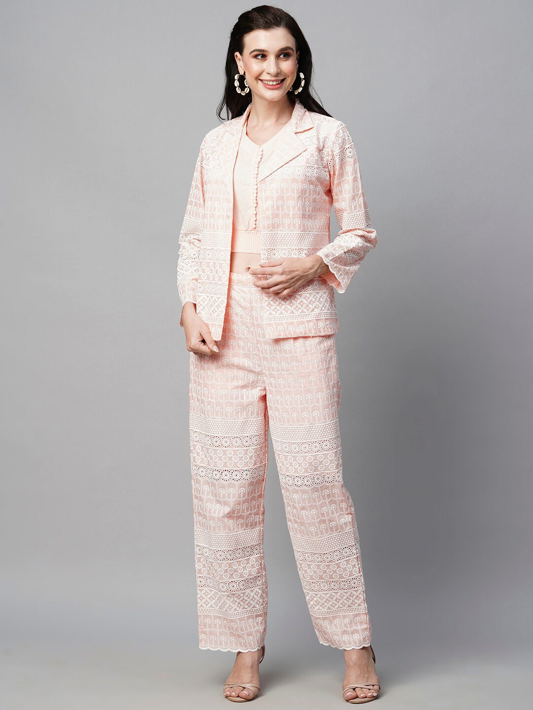 

HEEPOSH Self Design Schiffli Pure Cotton Top With Trousers With Jacket, Peach