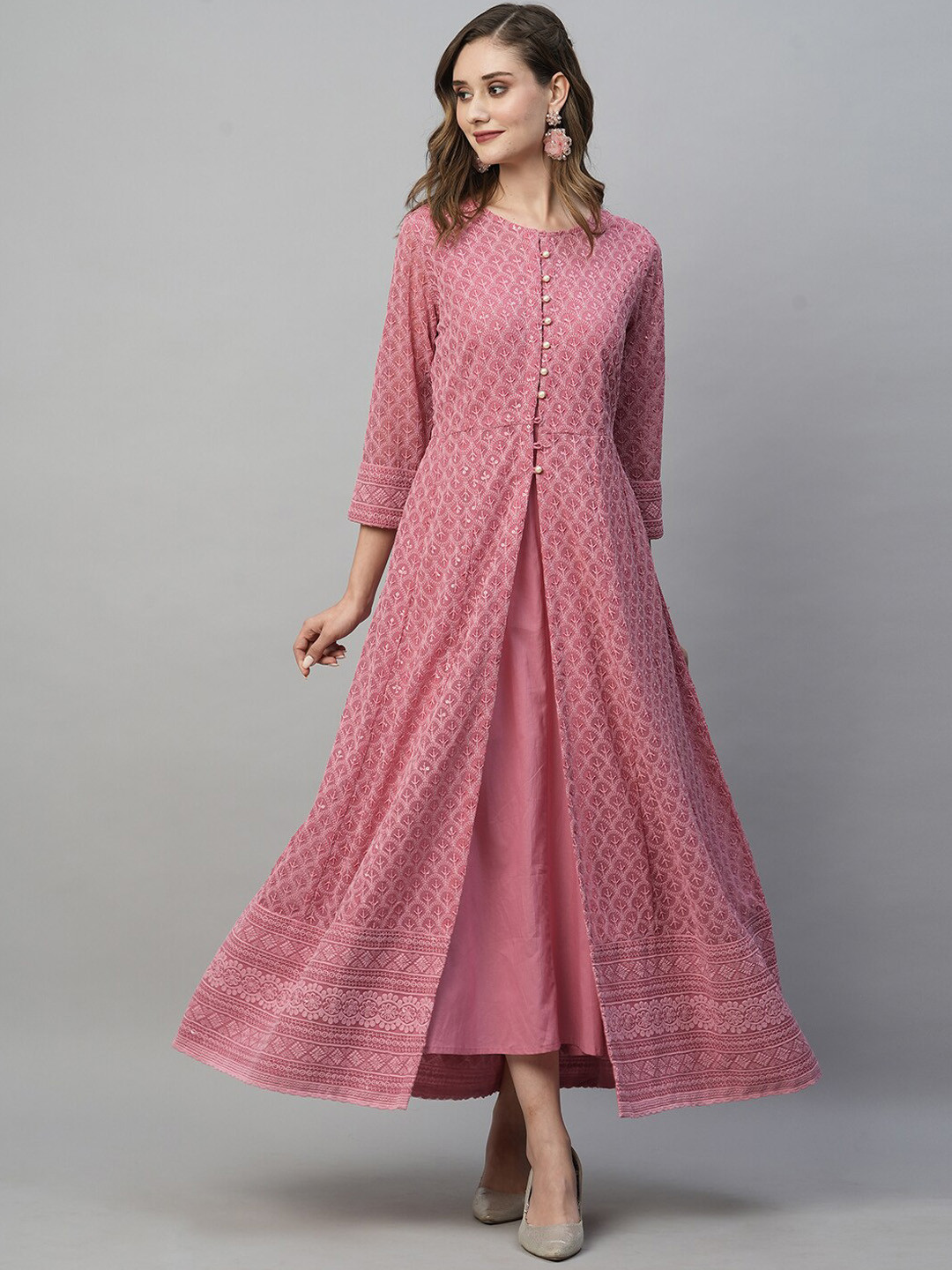 

HEEPOSH Ethnic Motifs Embroidered Round Neck Sequinned Maxi Ethnic Dress With Dupatta, Pink