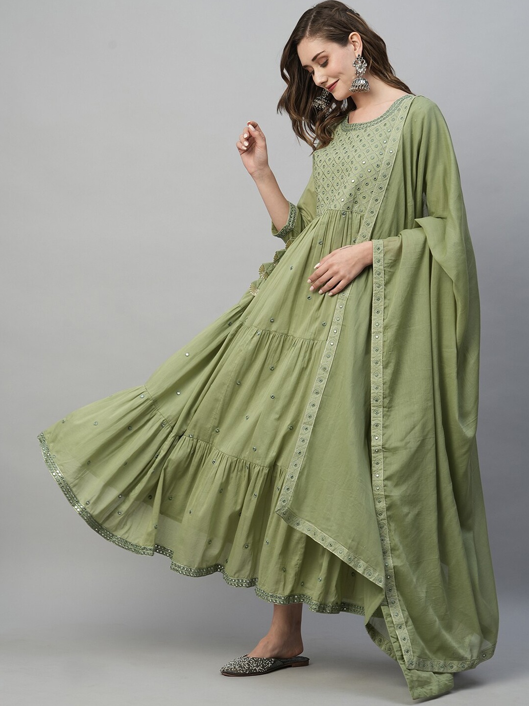 

HEEPOSH Ethnic Motifs Embroidered Mirror Work Tiered Maxi Cotton Ethnic Dress With Dupatta, Green