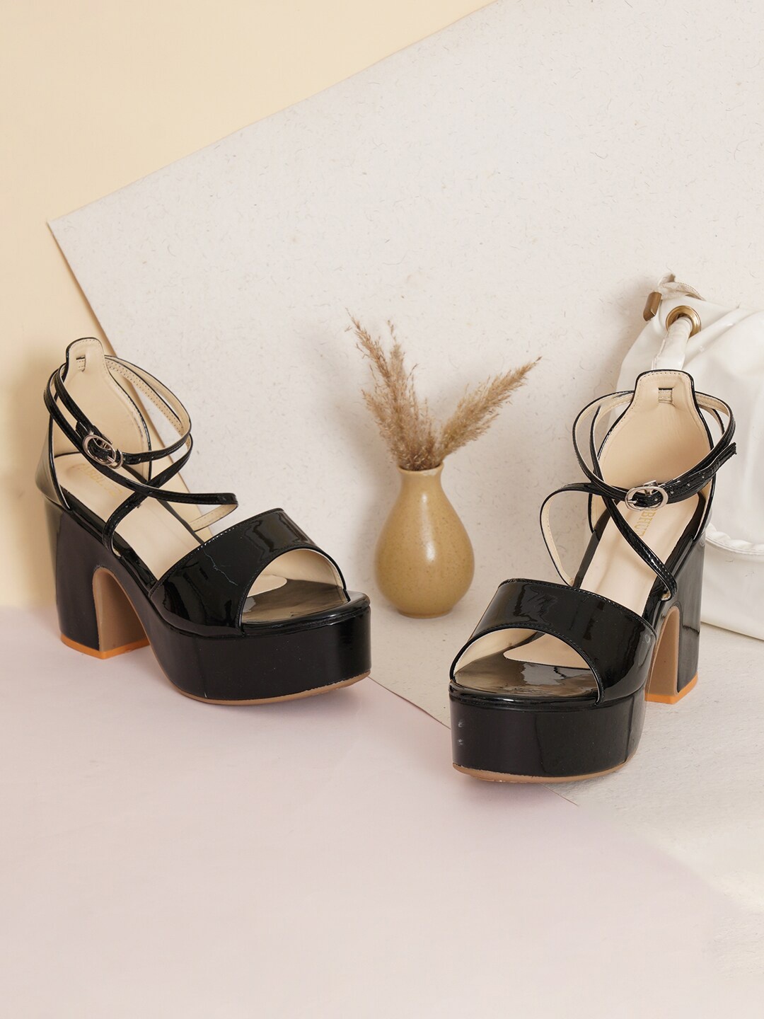 

FABBHUE Open Toe Platform Heels With Ankle Loop, Black