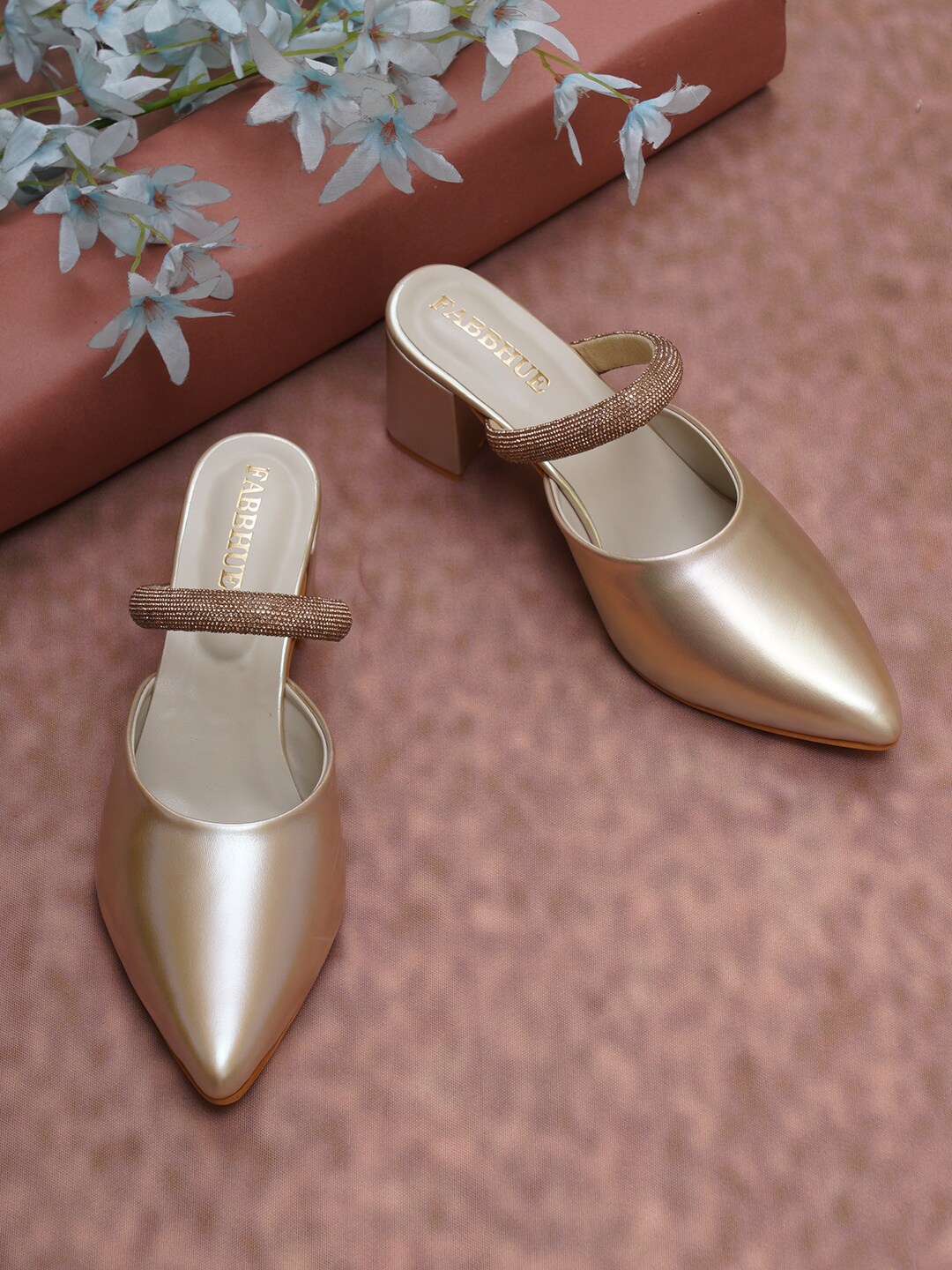 

FABBHUE Party Pointed Toe Block Mules, Gold