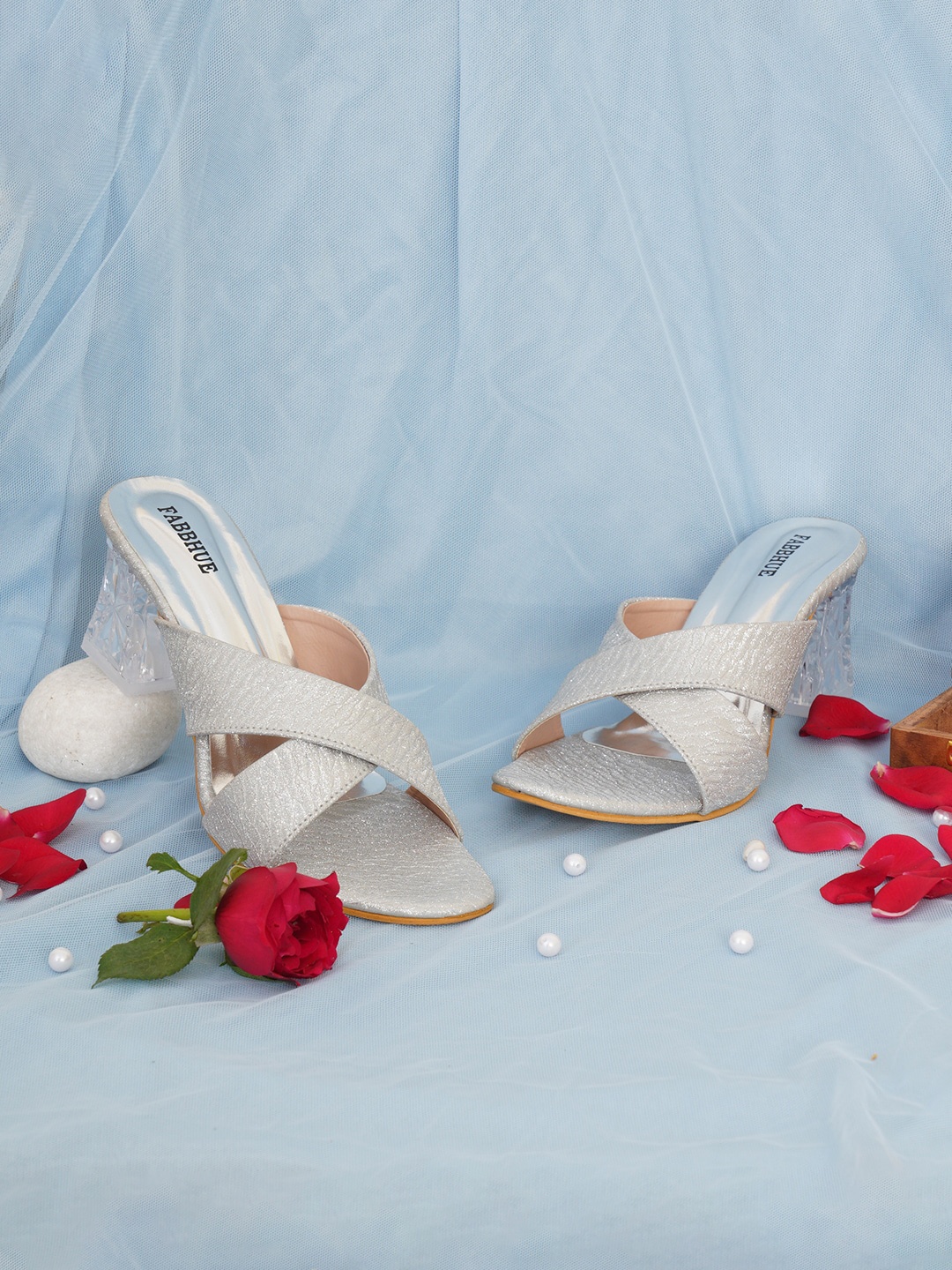 

FABBHUE Textured Cross Strap Block Heels, Silver