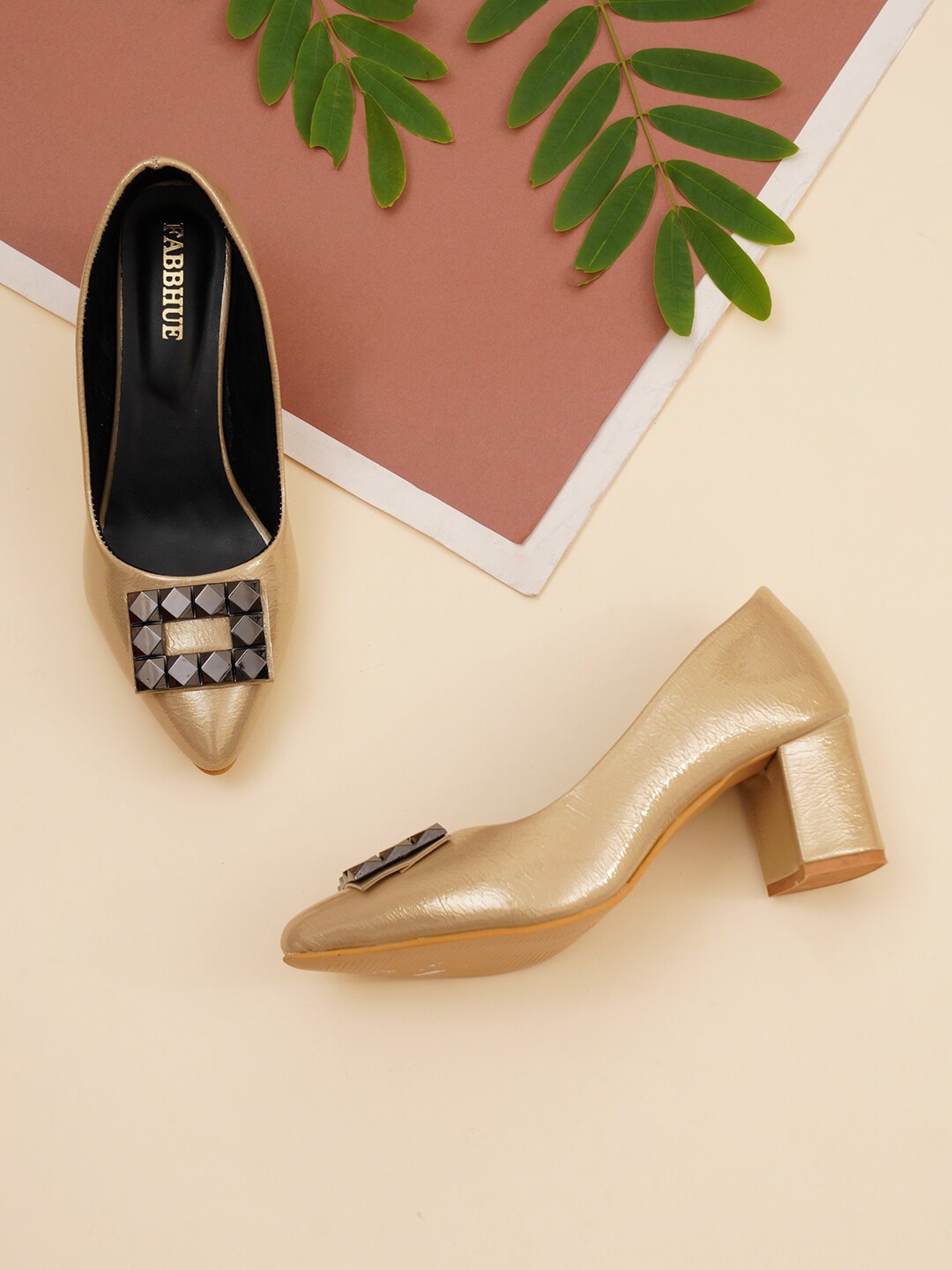

FABBHUE Embellished Pointed Toe Party Block Pumps, Gold
