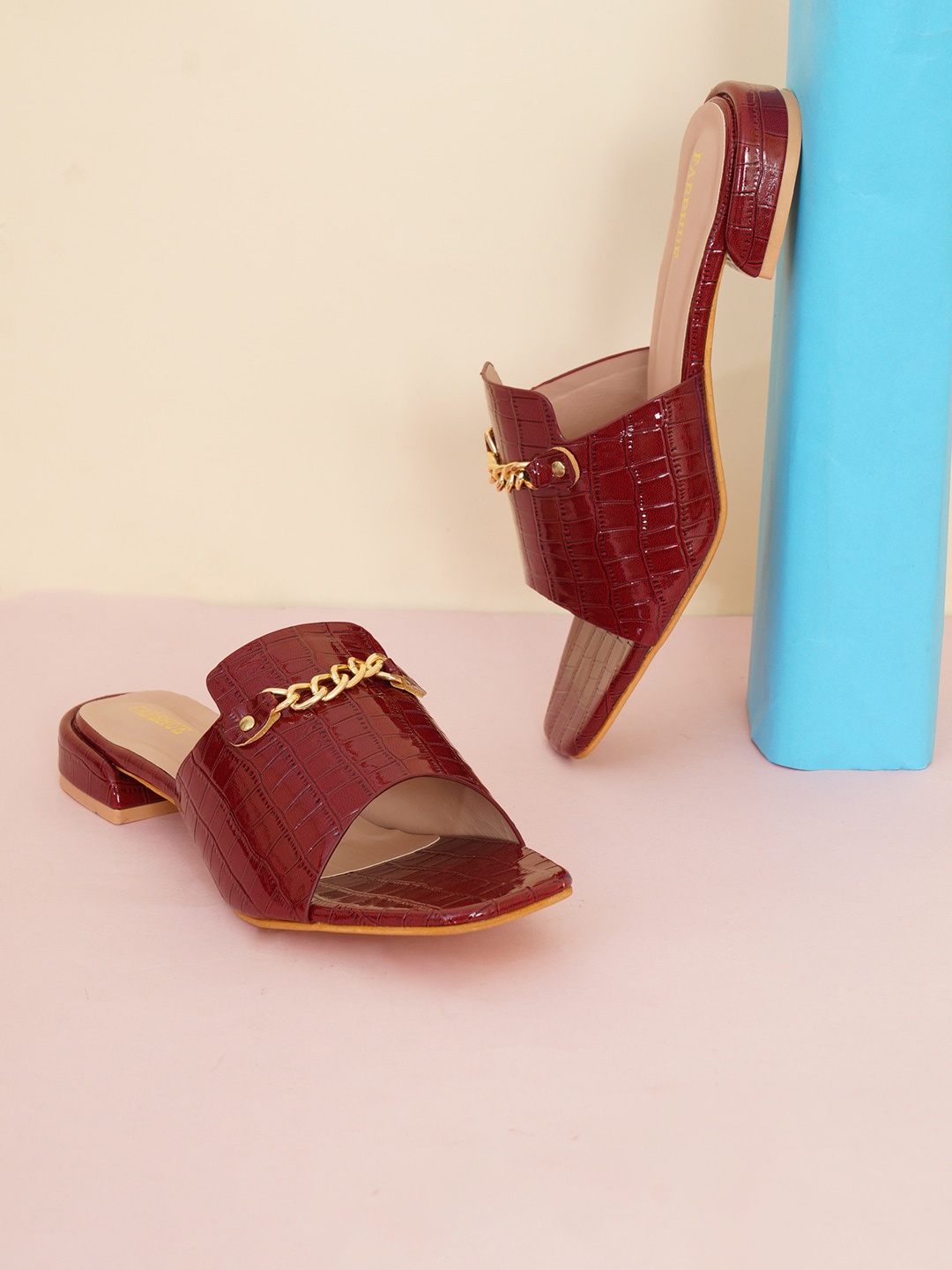 

FABBHUE Textured Chain Embellished Block Heel Mules, Maroon