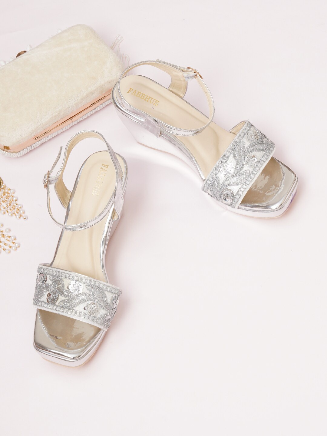 

FABBHUE Embellished Open Toe Wedge Heels, Silver