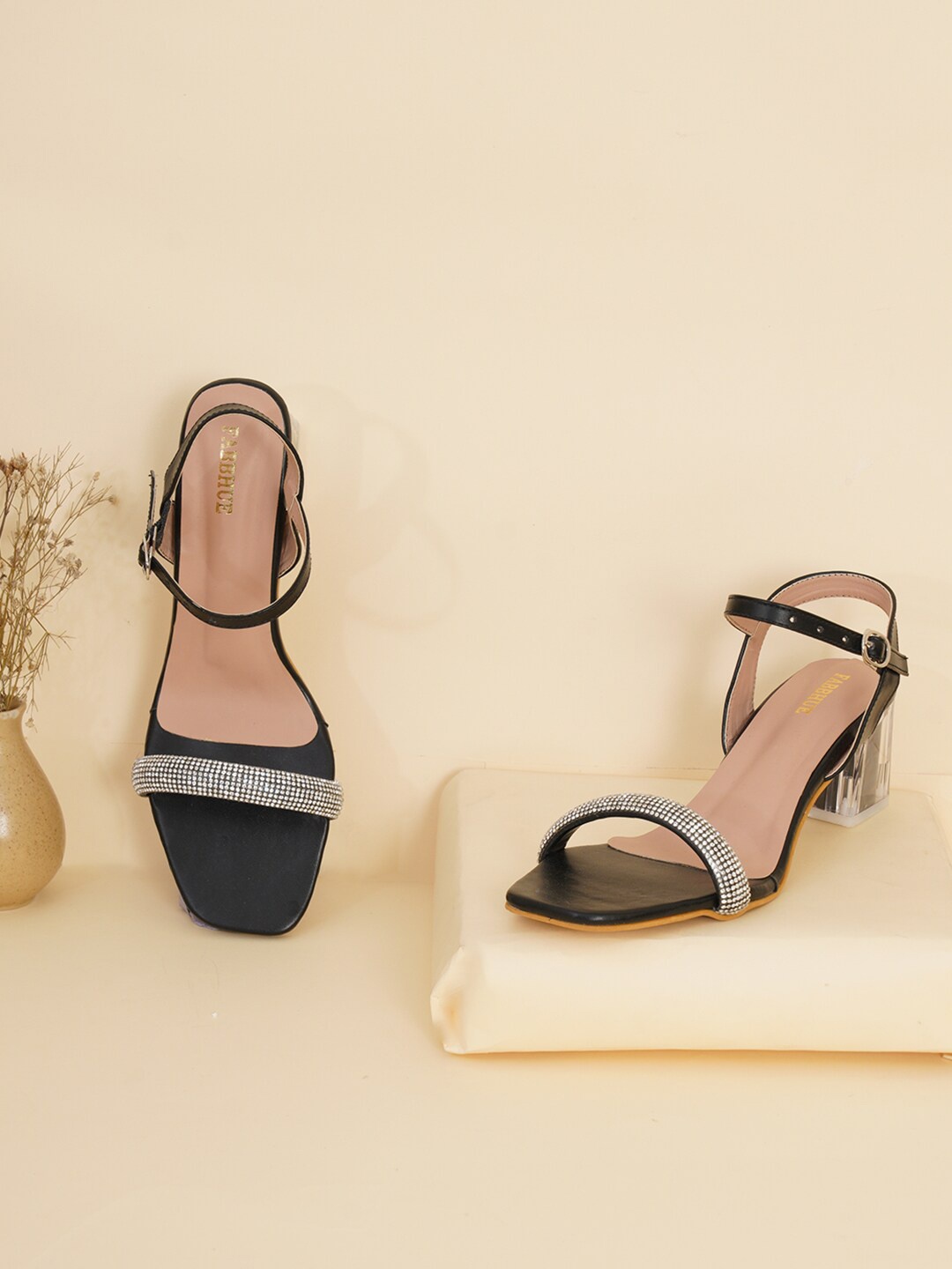

FABBHUE Embellished Block Heels, Black