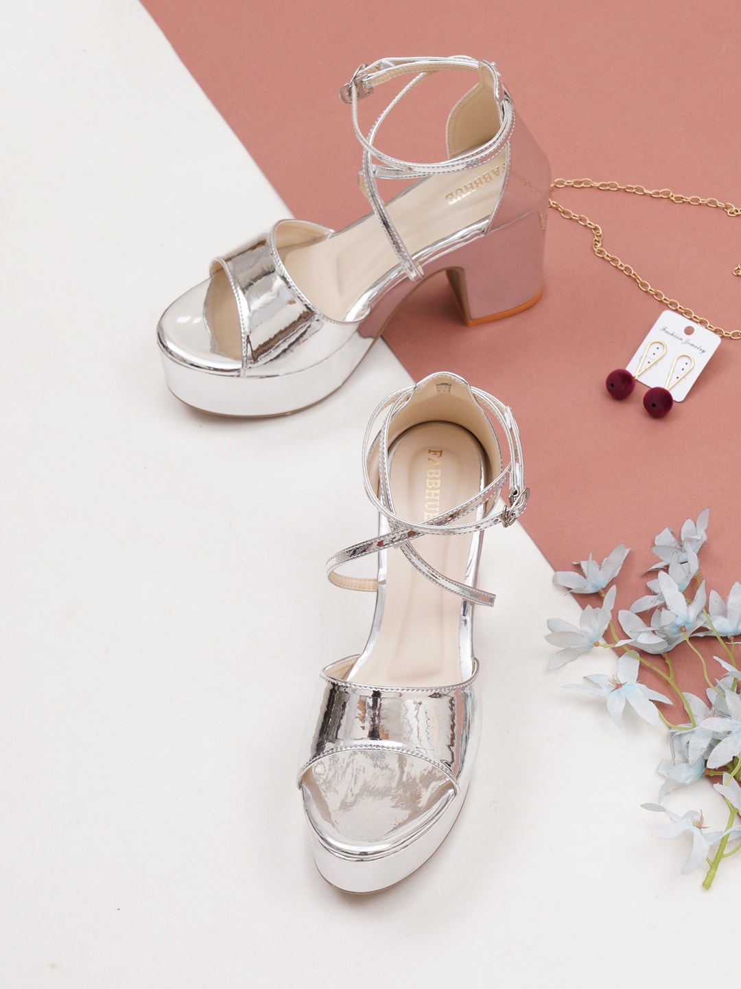 

FABBHUE Open Toe Platform Heels With Buckle Closure, Silver