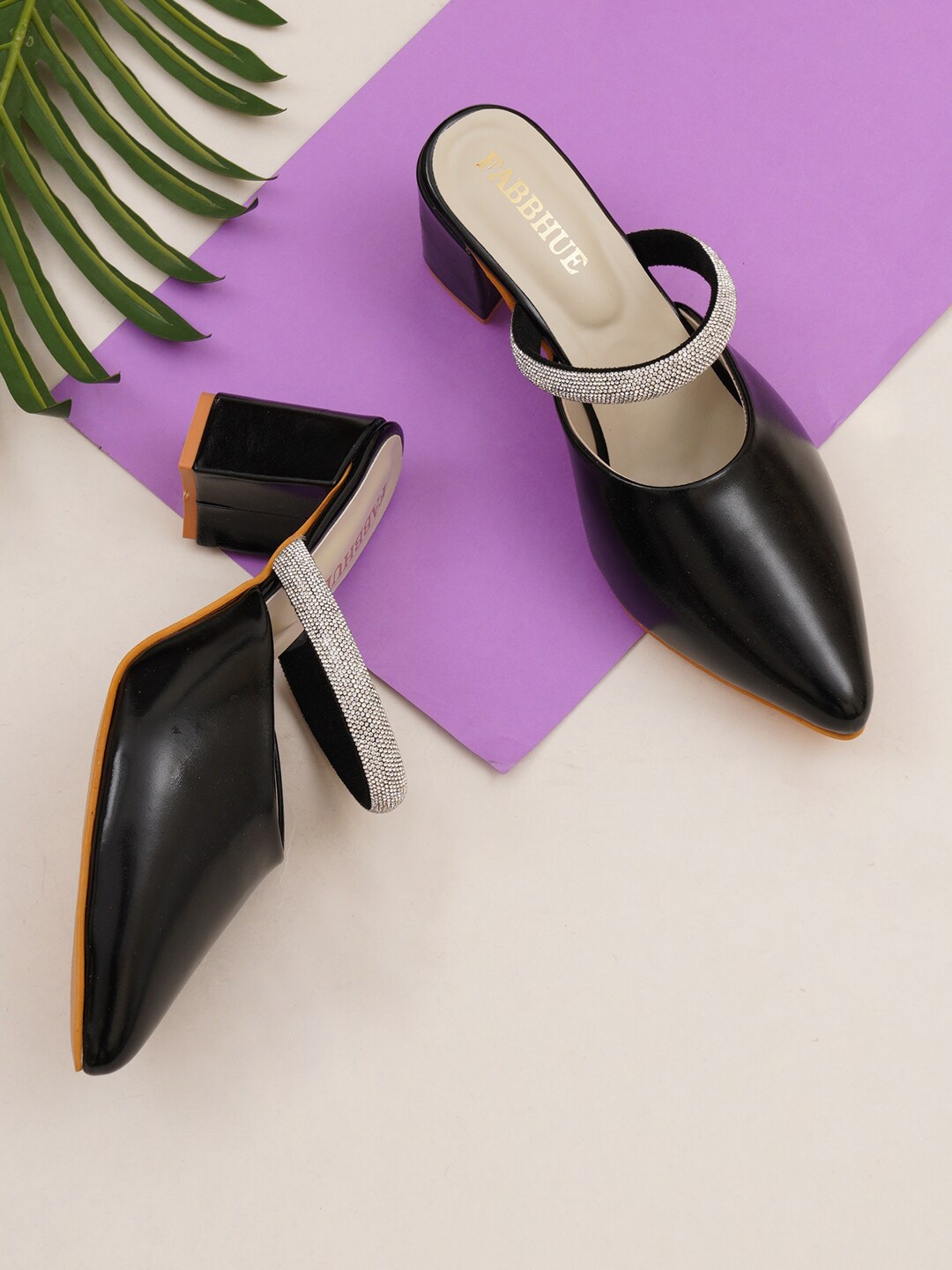 

FABBHUE Pointed Toe Party Block Mules, Black