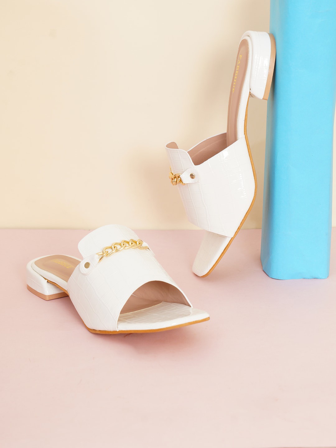 

FABBHUE Textured Embellished Open Toe Flats, White