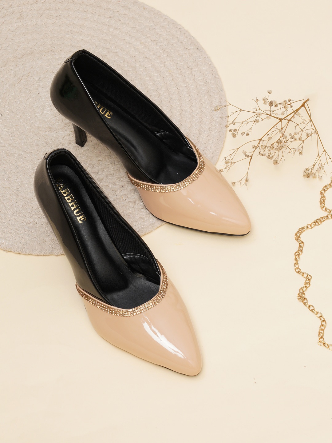 

FABBHUE Colourblocked Embellished Pointed Toe Party Slim Pumps, Beige