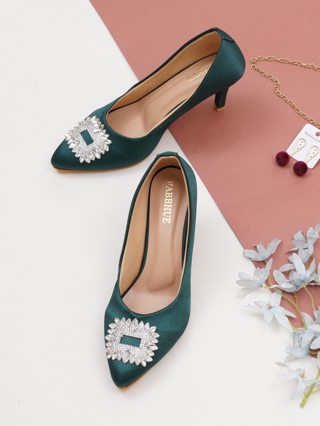 

FABBHUE Embellished Pointed Toe Party Slim Pumps, Green