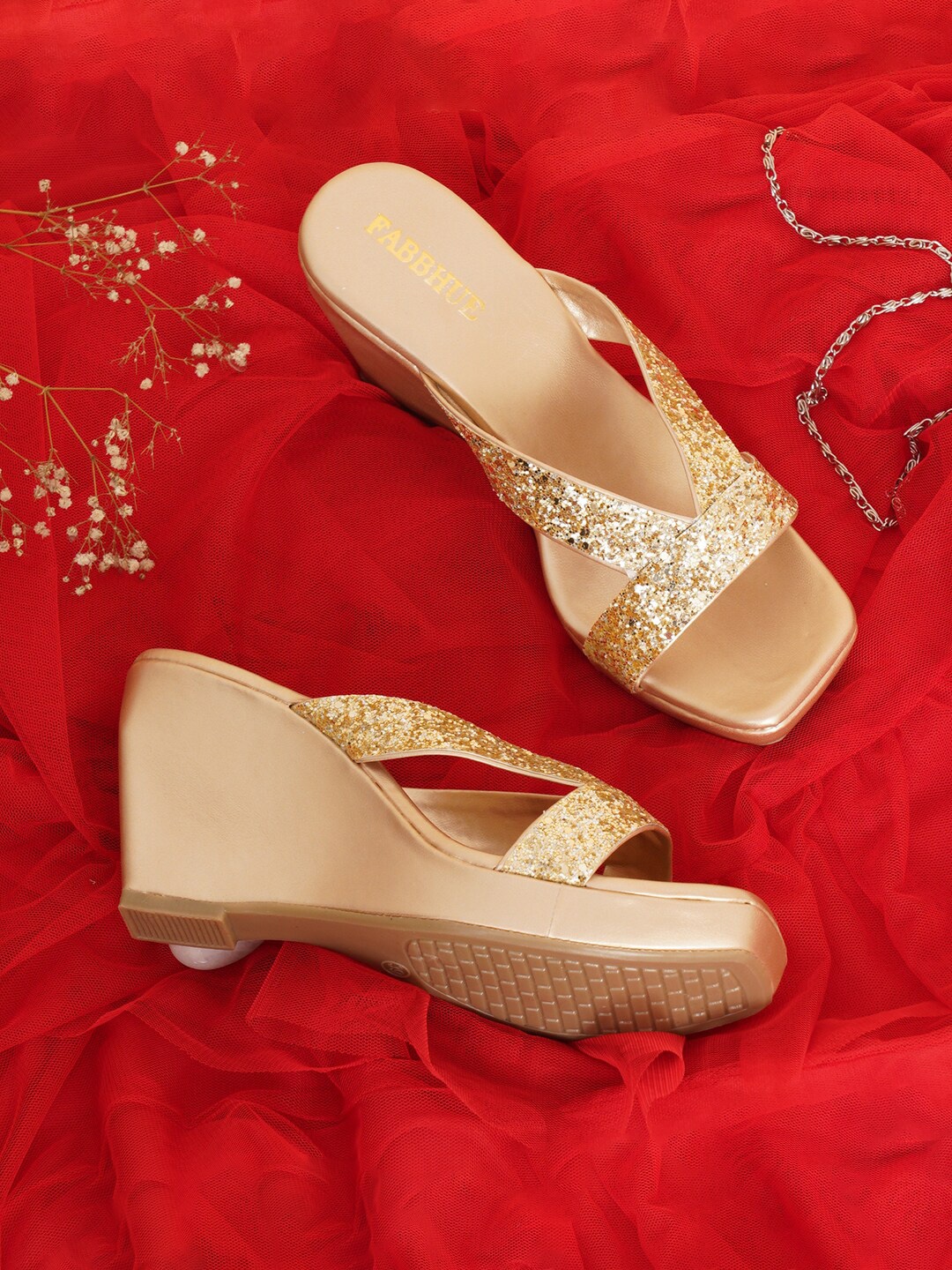 

FABBHUE Embellished Open Toe Party Wedges, Gold