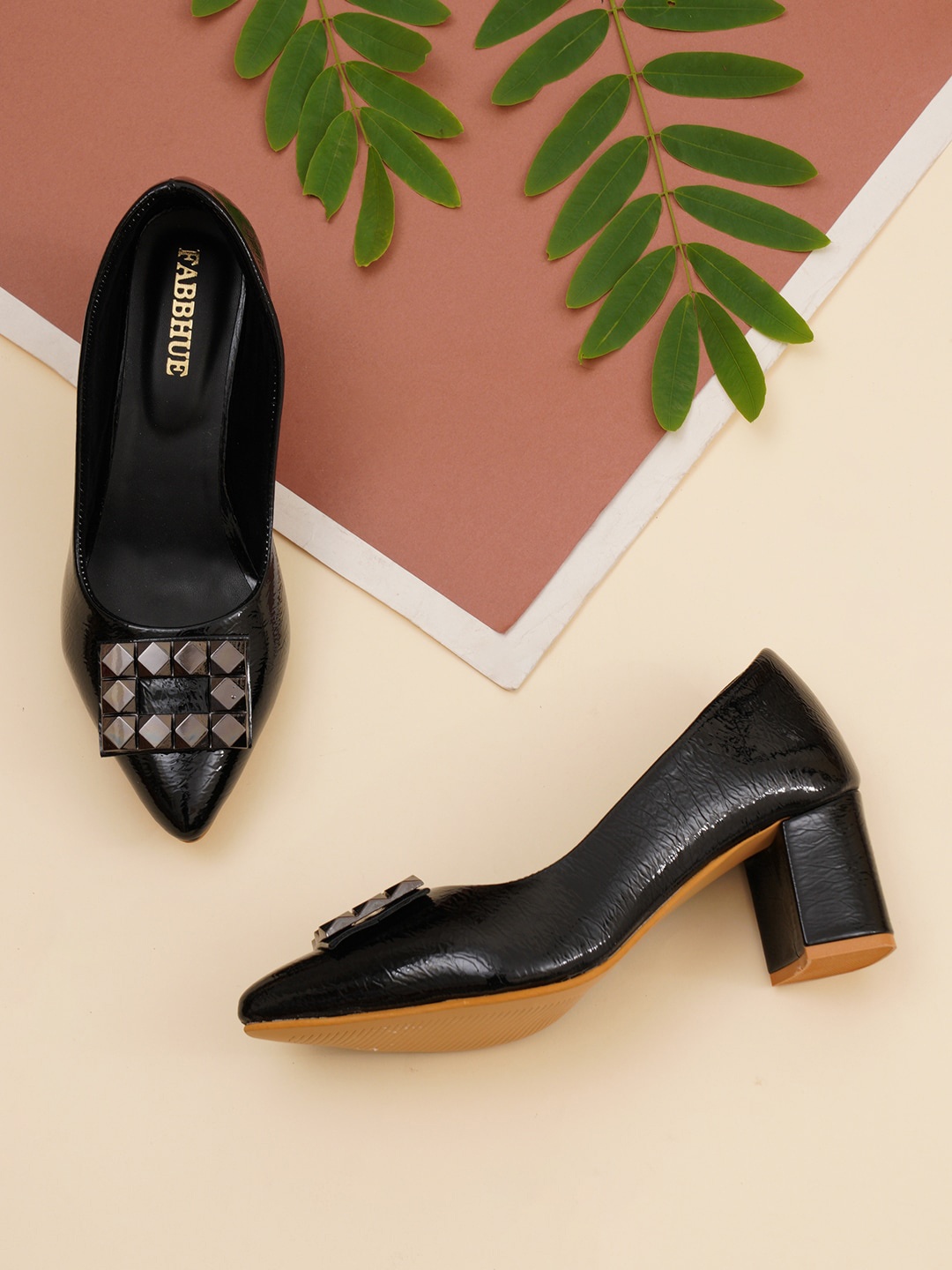 

FABBHUE Embellished Pointed Toe Block Pumps, Black