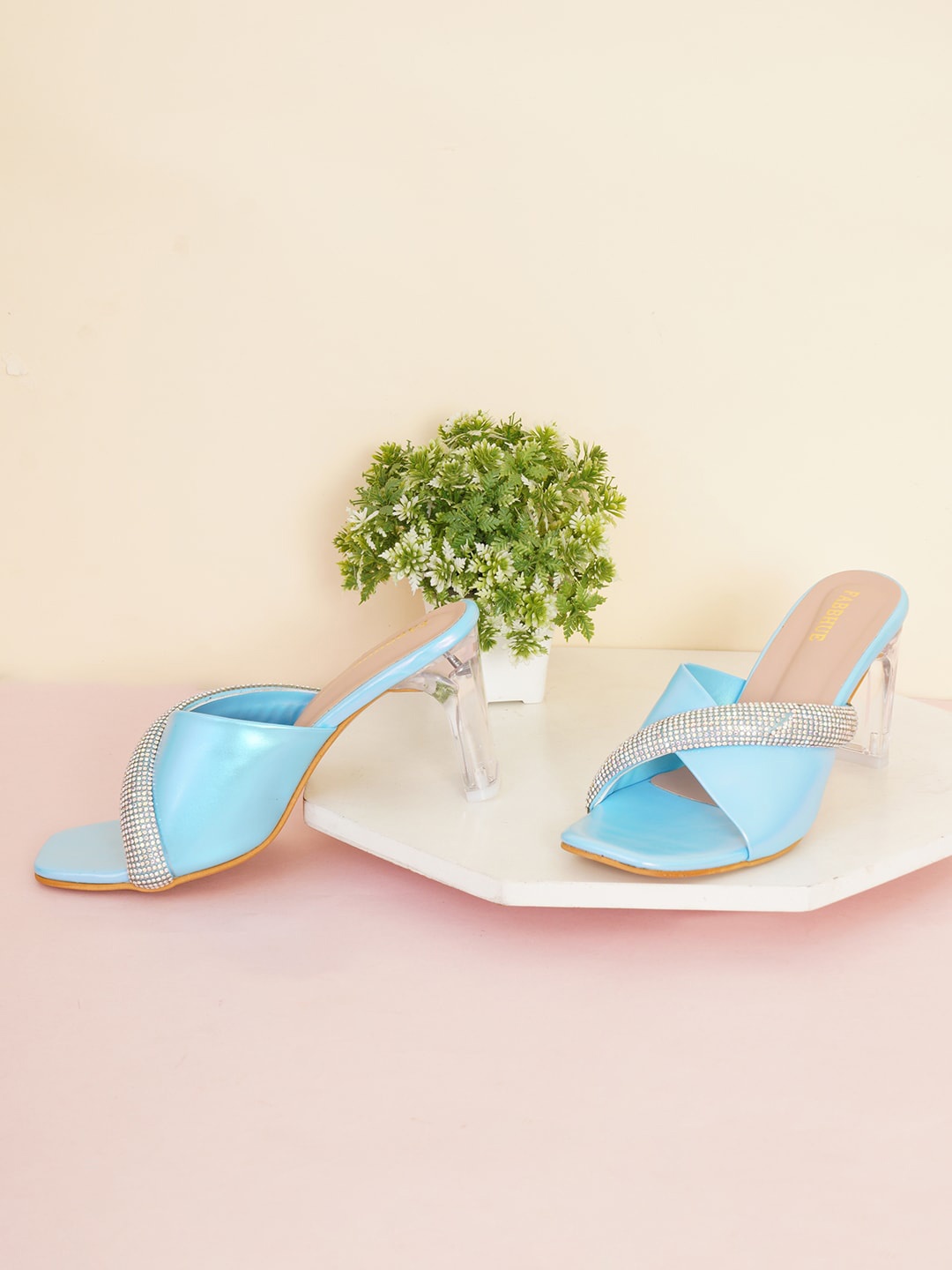 

FABBHUE Embellished Open Toe Slim Heels, Blue