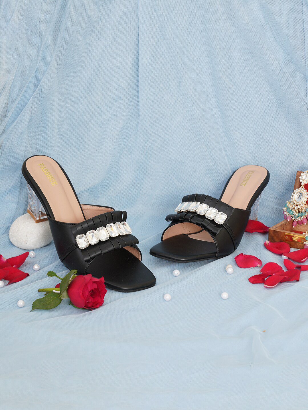 

FABBHUE Embellished Open Toe Block Heels, Black