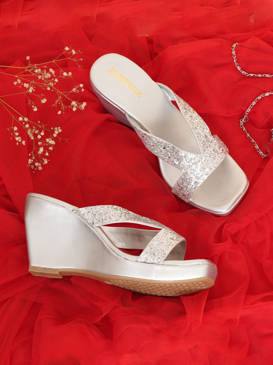 

FABBHUE Embellished Open Toe Wedges, Silver