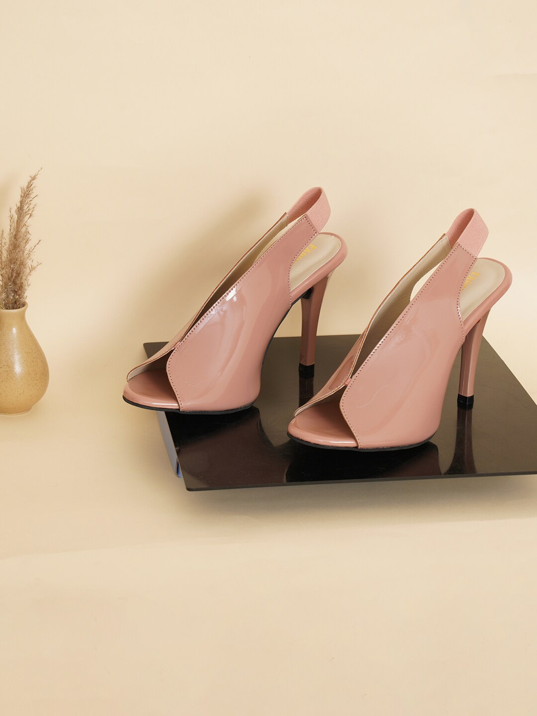 

FABBHUE Peep Toes Stiletto Mules With Backstrap, Peach