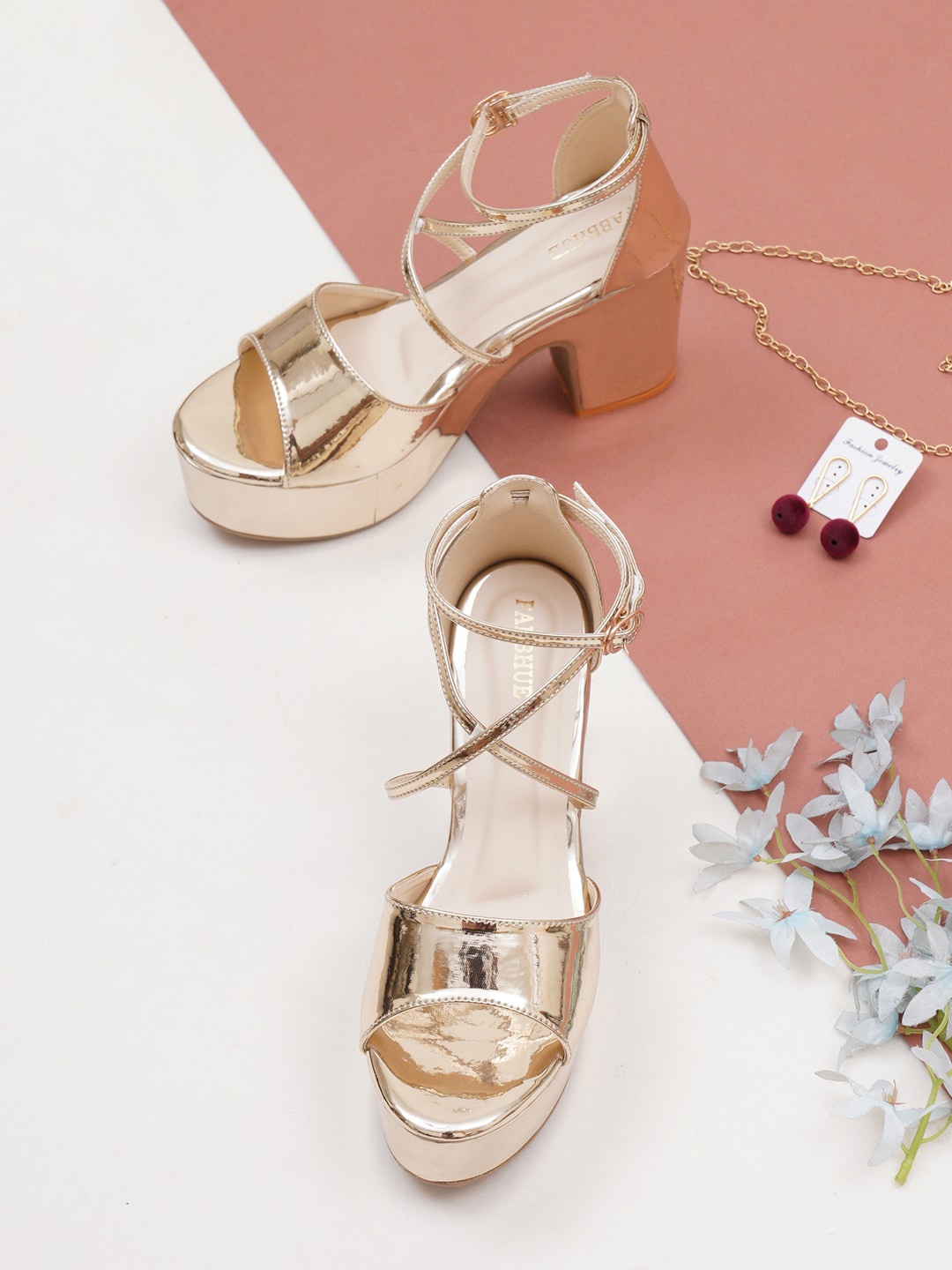 

FABBHUE Open Toe Platform Heels, Gold