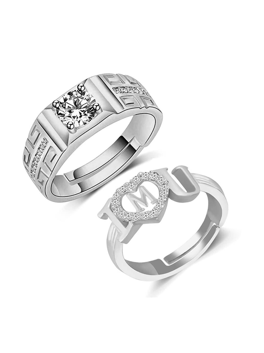 

MEENAZ Set Of 2 Silver-Plated AD-Studded M Alphabet Adjustable Couple Finger Ring