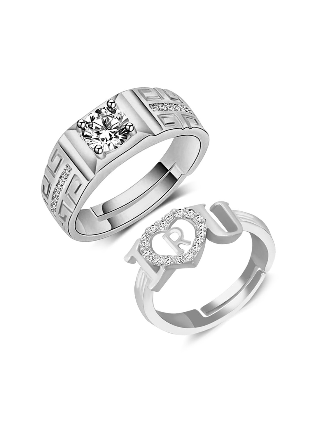 

MEENAZ Set Of 2 Silver-Plated AD-Studded Adjustable Couple Rings
