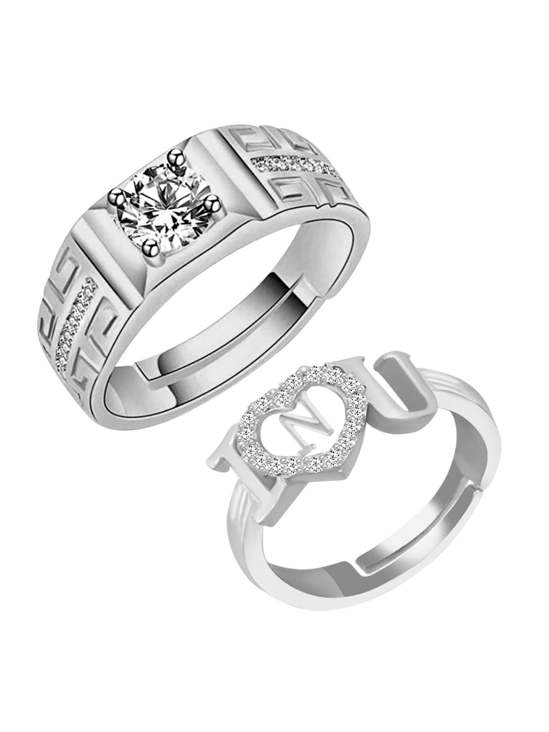 

MEENAZ Set Of 2 Silver-Plated AD-Studded Adjustable Couple Rings
