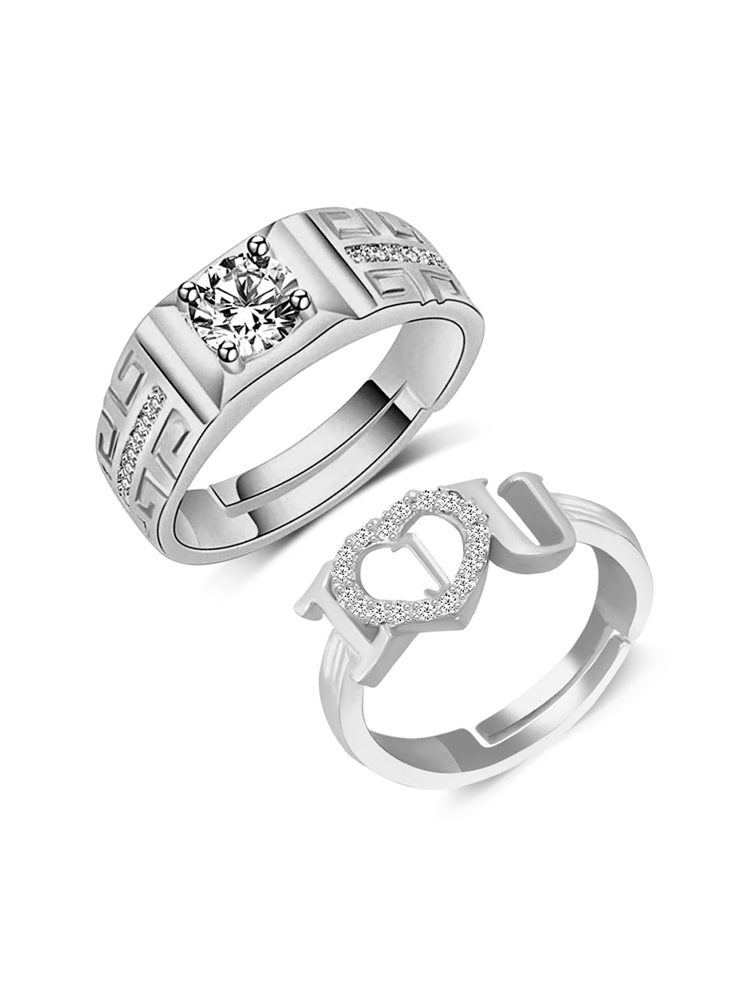 

MEENAZ Set Of 2 Silver-Plated AD-Studded J Alphabet Adjustable Couple Finger Rings