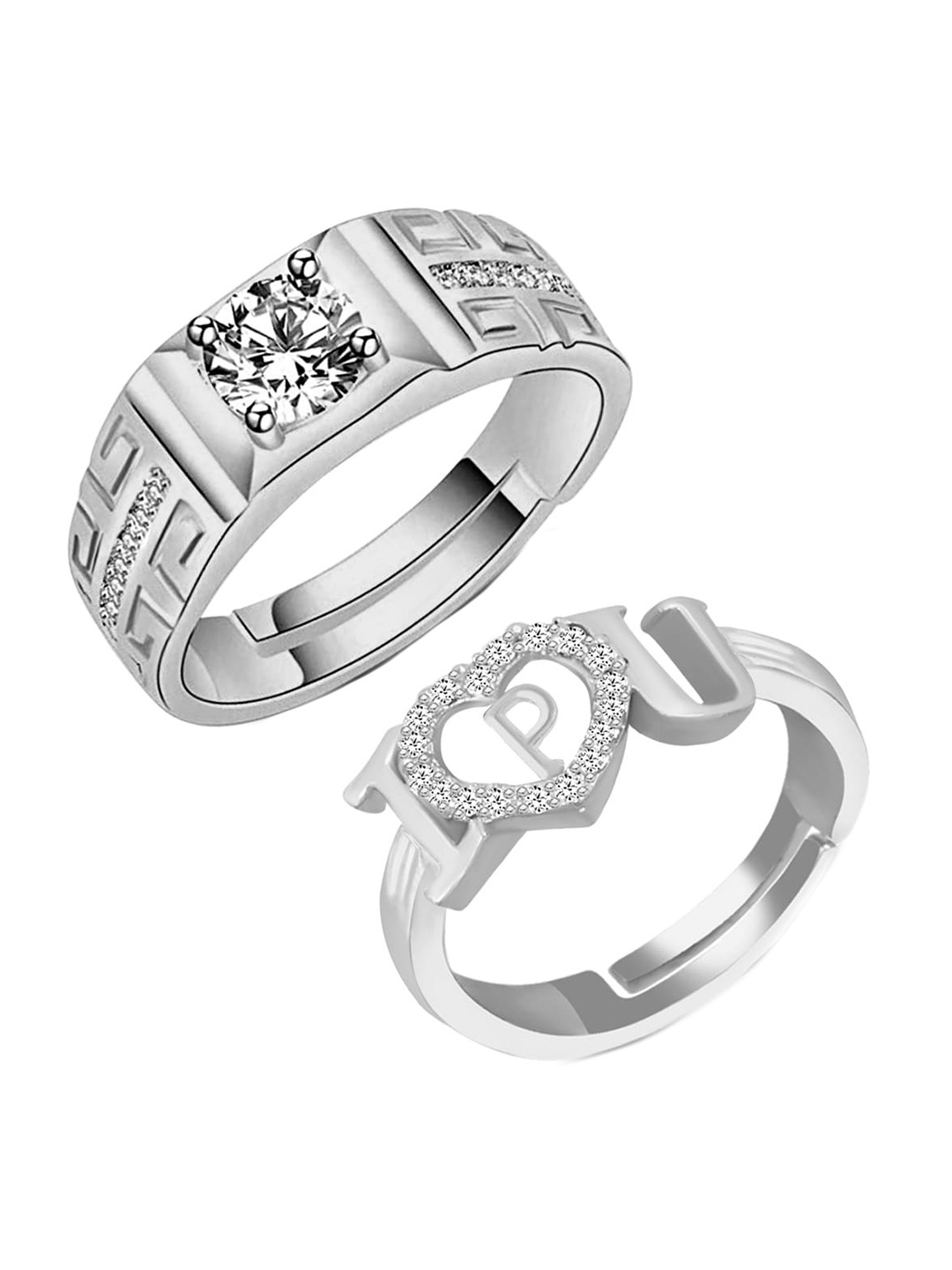 

MEENAZ Unisex Set Of 2 Silver Plated AD Studded Adjustable Couple Finger Rings