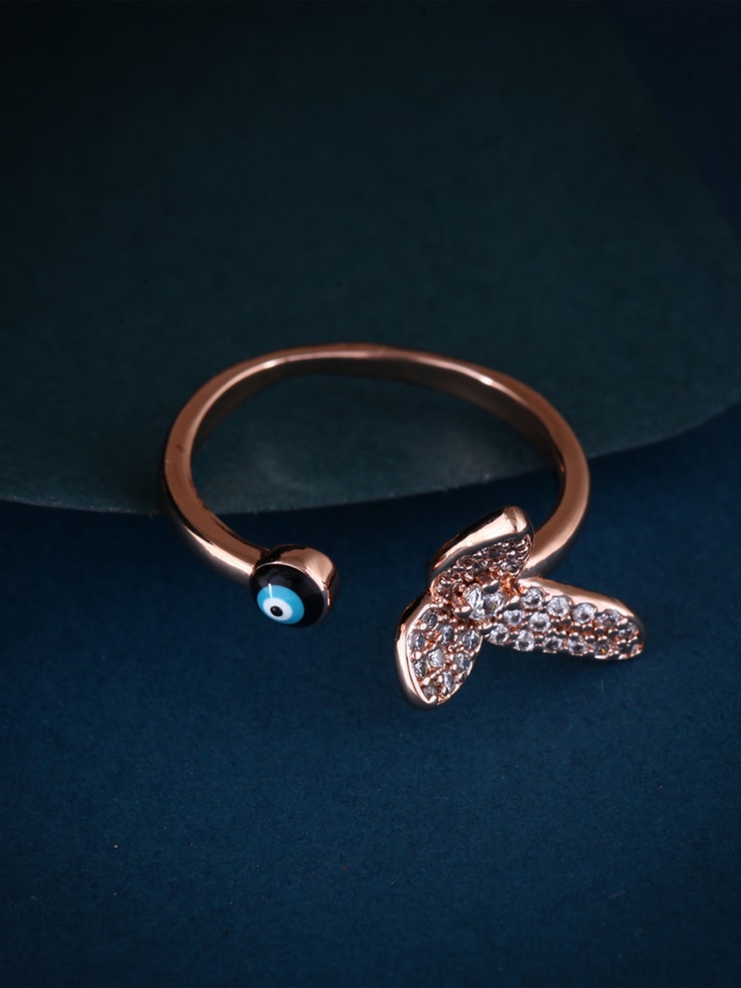 

MEENAZ Rose Gold Plated CZ & AD Studded Evil Eye Stainless Steel Finger Ring