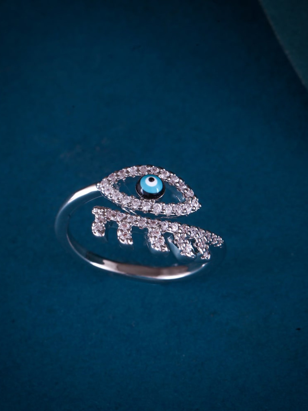 

MEENAZ Silver-Plated CZ & American Diamond-Studded Evil Eye Adjustable Finger Ring