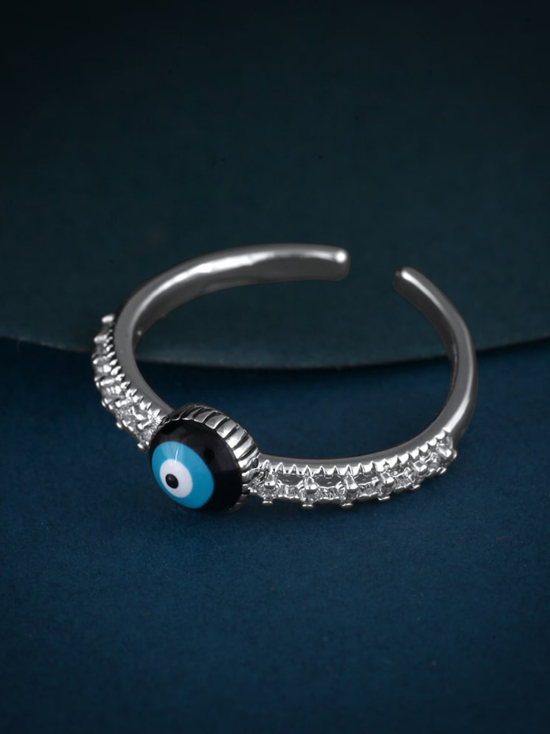 

MEENAZ Silver-Plated AD-Studded Evil Eye Adjustable Ring