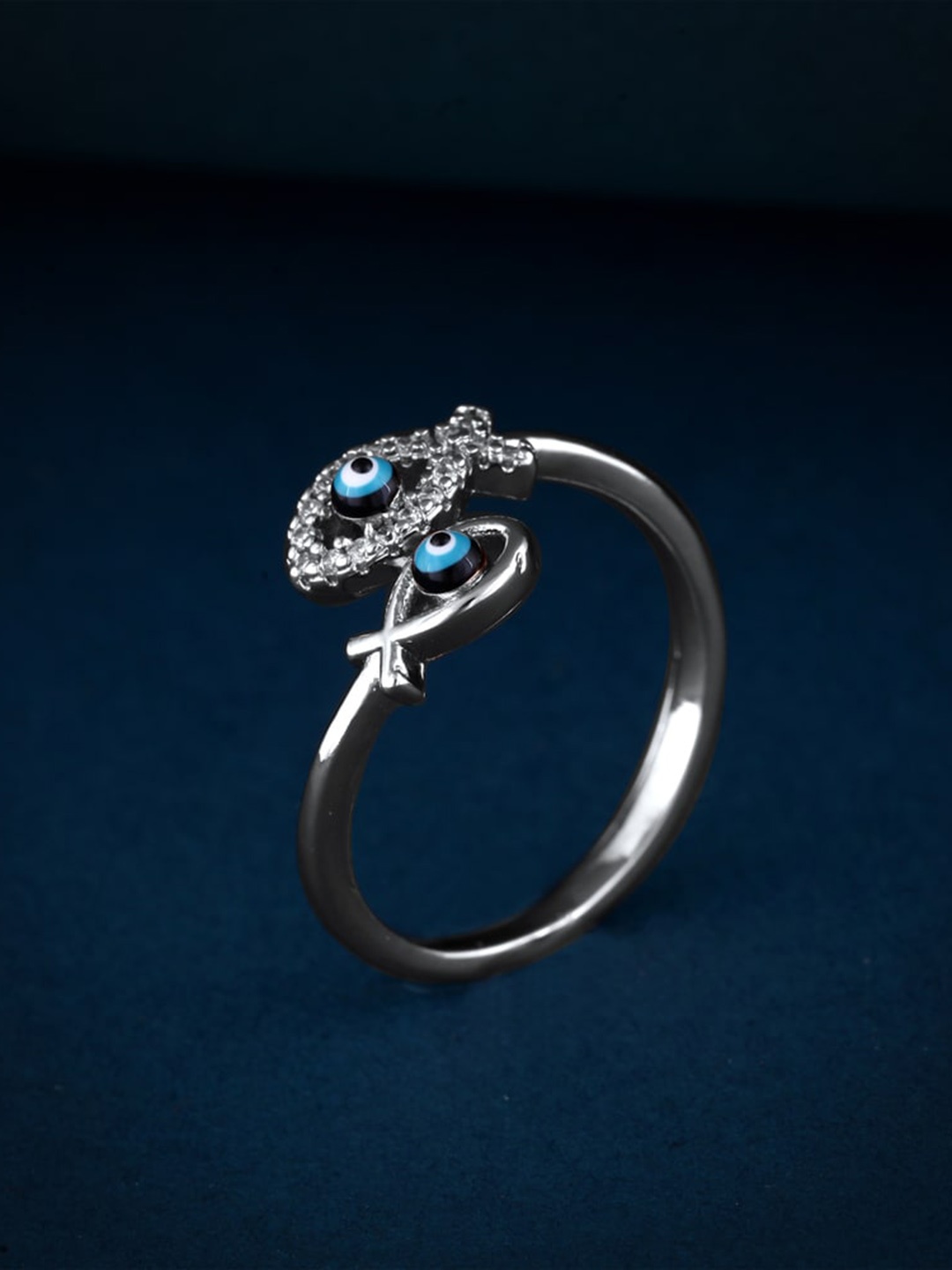 

MEENAZ Silver-Plated CZ & AD Studded Evil Eye Ring